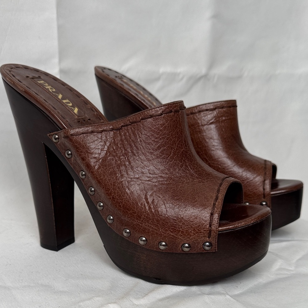Prada Dark Brown Leather Studded Mules